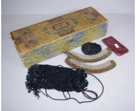 Quantity of antique beadwork accessories including pair beaded sleeve cuffs, and a black evening bag. Included in a vintage g