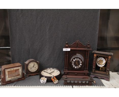 5 clocks all in need of repair comprising 3 x 2 hole examples, 1 x wall clock and 1 x electric clock