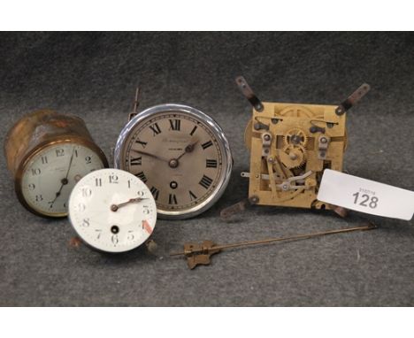 4 x old clock mechanisms including Bravington's renown,a french example and a continental embossed brass pendulum size 90cm l