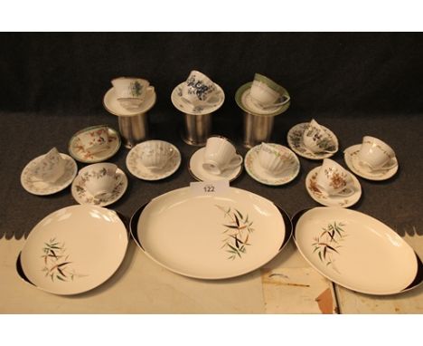 A collection of 12 assorted Royal Worcester cups and saucers and a graduated set of 3 Royal Doulton bamboo plates D6446