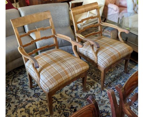 BIEDERMEIER STYLE ARMCHAIRS, a pair, early 20th century, walnut, ladder back form, overstuffed seats, beaded edges to frames,