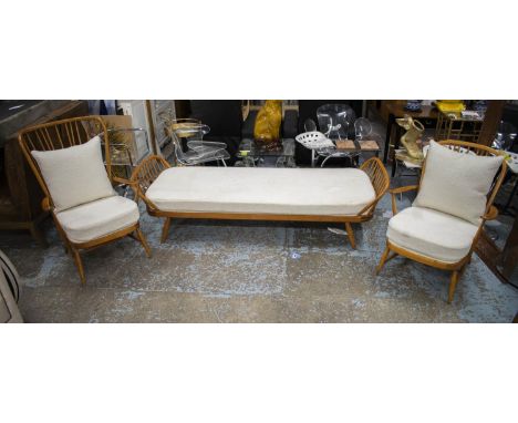 ATTRIBUTED TO ERCOL LOUNGE SET, vintage mid 20th century beechwood and boucle upholstered comprising a daybed, 208cm W x 75cm