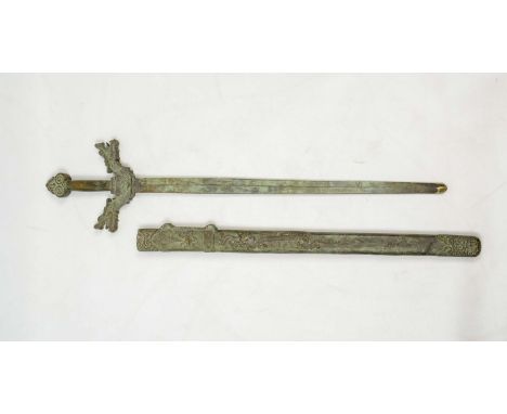 CHINESE ARCHAIC STYLE SWORD IN SCABBARD, with a verdigris finish., 93cm L. 