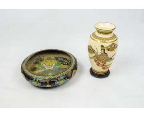 CHINESE CLOISONNE BOWL, decorated with dragons chasing the flaming pearl of wisdom with a satsuma vase on stand, 28cm H. (2) 