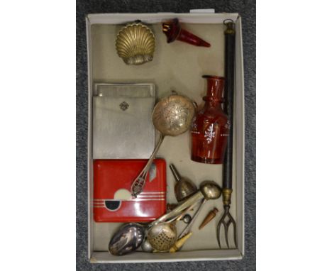 Two compacts, silver tea strainer, toasting fork etc.