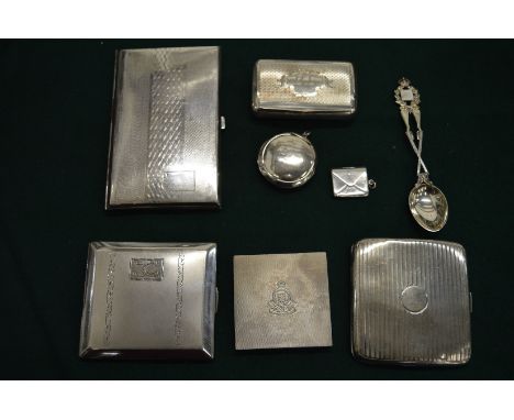 Various silver cigarette boxes, an engine turned compact, snuff box etc.