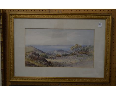 Georgina Wilkinson, figure on a path overlooking Niece, watercolour.