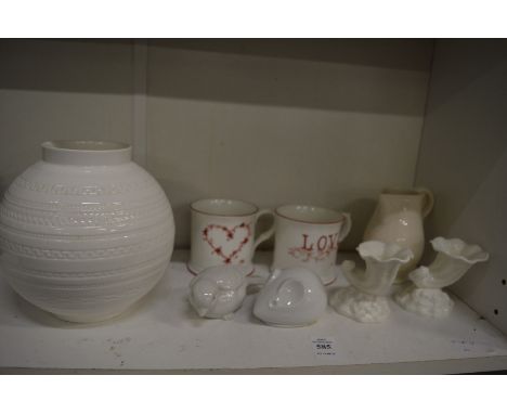 A pair of Royal Worcester miniature Cornucopia vases, a Wedgwood vase, two mugs and other decorative china.