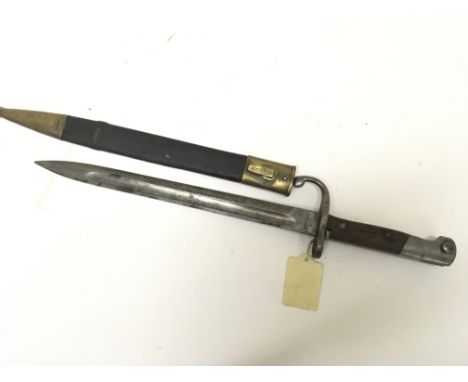 A Turkish M1890 bayonet with with hook quilon maker Simson & Co SUhl. With brass and leather scabbard. 45cm
