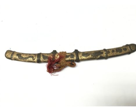 A possibly Chinese dagger with dragon and peacock design applied to the hilt and Scabbard , blade 20cm long , total length 32