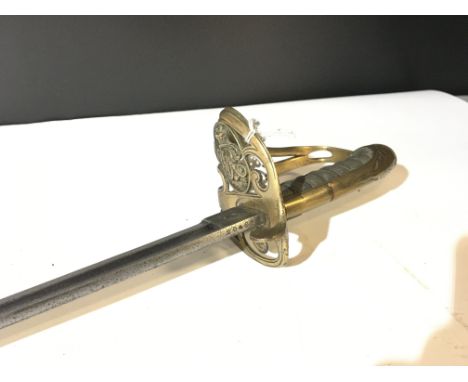 A Victorian officers sword with a brass grip and numbers blade 20427 wired shagreen grip.no scabbard.