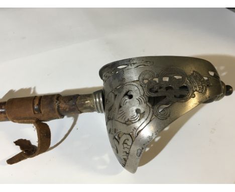 A George V officers sword 1897 pattern etched blade with a leather field service scabbard.