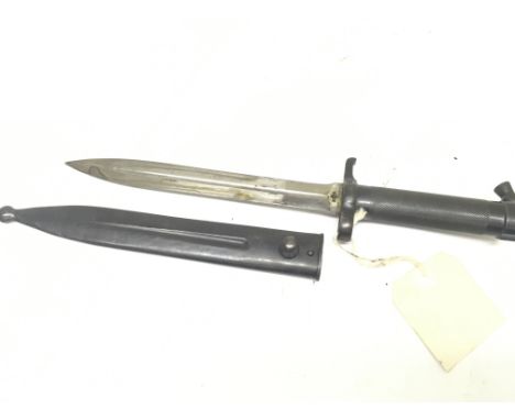 A Swedish 1890 pattern Mauser bayonet. Makers stamp to the blade matching serial numbers on the scabbard and blade.