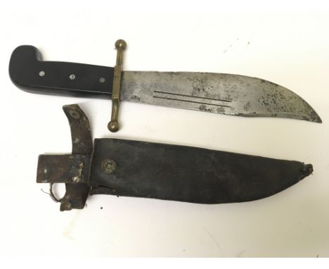 A rare American II world war combat Knife the V44 Bowie Ebony grip and brass cross guard the blade with makers stamp Kinfolks