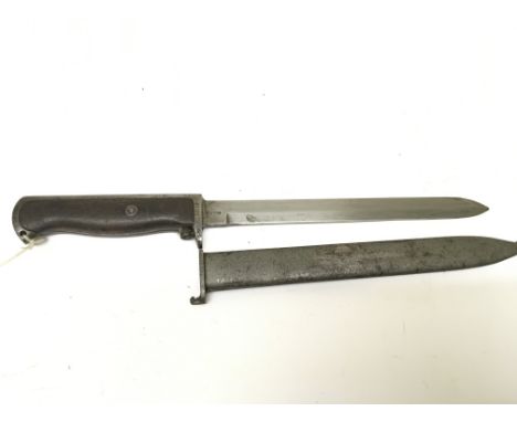 A Norwegian bayonet M 1912 with wooden grip press button release the blade with makers marks and matching serial number on th
