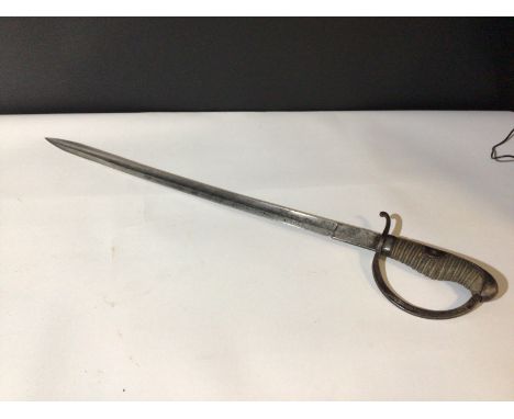 An unusual early 19th century short sword with wired Shagreen grip steel fittings patterned blade and stamped makers marks F.
