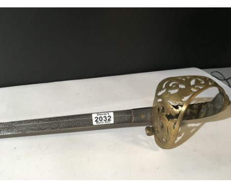 A rare Victorian 1857 pattern Engineers officers sword with a brass elaborate scroll basket engraved blade no scabbard.