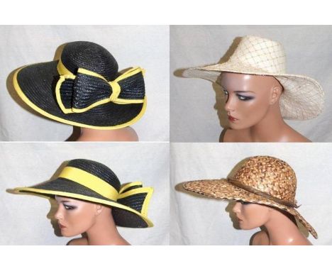 Ladies Black Straw Hat with yellow trim, labelled 100% straw Made In Italy, Liz Claiborne 100% straw hat & Light Paper/Straw 