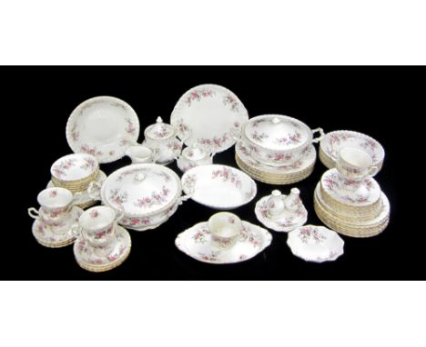 Royal Albert Lavender Rose Dinner/Tea Service: teapot & stand, oval vegetable dish, salt & pepper, covered sugar, milk jug, 7