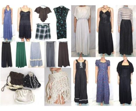 Vintage 1970s Clothing incl. 6 dresses, 2 pairs trousers, 3 maxi skirts, angel sleeve blouse, Co-op blue spotted halter dress