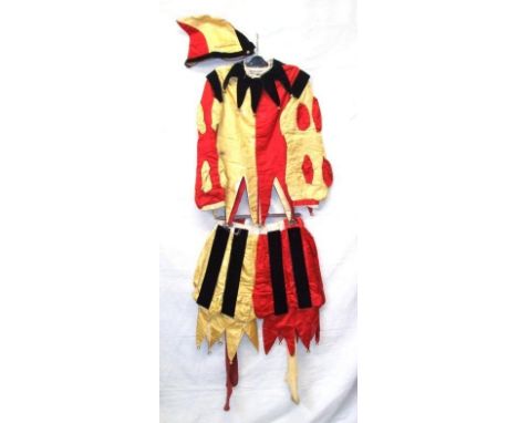Vintage Victorian? Jester's Outfit, red/yellow silk with black velvet & lace trim, small size, maybe children's 