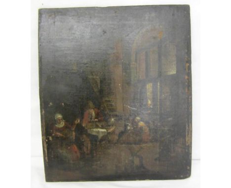 Unframed C18th/C19th Dutch Style Oil on Panel Interior Scene with seamstress, children playing with a dog, approx. 13" x 11" 