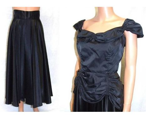 Vintage 1940s Betty Beasley Black Acetate Peplum Top with bow detail & Unlabelled Black Satin Skirt (2) 