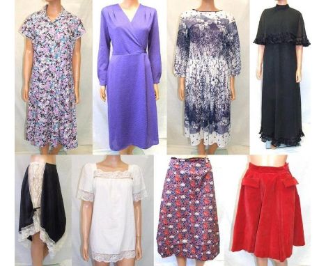 Ladies Vintage Clothing incl. Eastex floral dress, Blue/White scoop neck dress, Purple Wrap-Over Dress, 1970s Black Georgette