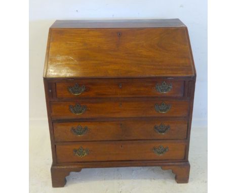 C18th Mahogany Bureau, 4 cock beaded drawers, bracket supports, pierced brass handles, fall enclosing fitted nest 