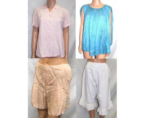 Ladies Vintage Turquoise Crinkled Silk Blouse with beaded detail, Pink Silk Blouse, Pair Peach Silk Cami Knickers & Pair Vict