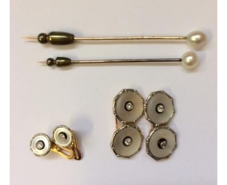 Set 9ct Gold & Diamond Mother of Pearl Dress Stud & Buttons & 2 Pearl Stick Pins 