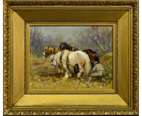 GEORGE SMITH RSA (SCOTTISH 1870 -1934), HORSES IN A LANDSCAPE oil on canvas, laid down on board, signed versoframed image siz