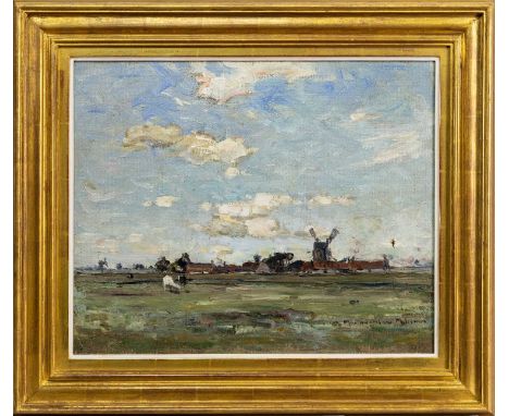 * JOHN MACLAUCHLAN MILNE RSA (SCOTTISH 1885 - 1957) A BREEZY DAY oil on canvas, signedframedimage size 41cm x 50.5cm, overall