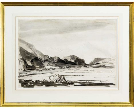 SIR DAVID YOUNG CAMERON ARSA RSW RA RSA (SCOTTISH 1865 - 1945), GLEN SANNOX, ARRAN ink and wash on paper, signed, titled labe