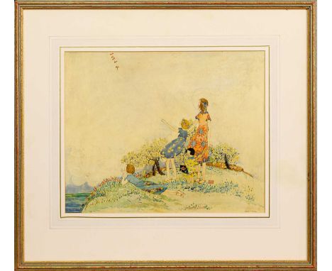 * JESSIE MARION KING (SCOTTISH 1875 - 1949), FLYING A KITE pen and watercolour on paper, signed, titled labels versomounted, 