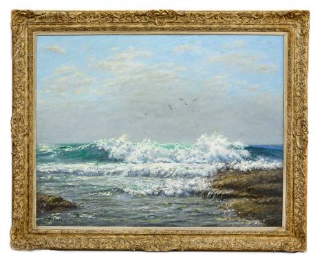 * JOHN MCGHIE (SCOTTISH 1867 - 1952), SEASCAPE oil on canvas, signedframedimage size 72cm x 92cm, overall size 89cm x 109cm
