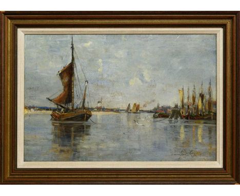 JAMES KAY RSA RSW (SCOTTISH 1858 - 1942), HARBOUR SCENE oil on canvas, signedframedimage size 30cm x 45cm, overall size 50cm 