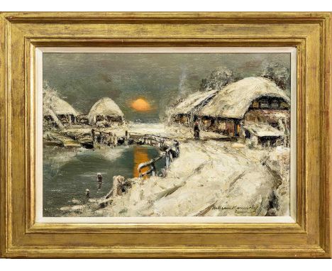 WILLIAM KENNEDY (SCOTTISH 1859 - 1918), FARM SCENE, WINTER oil on board, signed, titled label versoframedimage size 40cm x 60