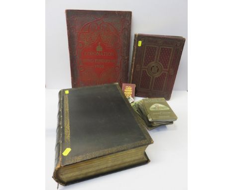 MID 19TH CENTURY FAMILY BIBLE, also 6 early volumes of Beatrix Potter and contents of shelf