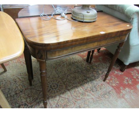 SHERATON TEA TABLE, mahogany D-end fold top card table with fluted tapering legs