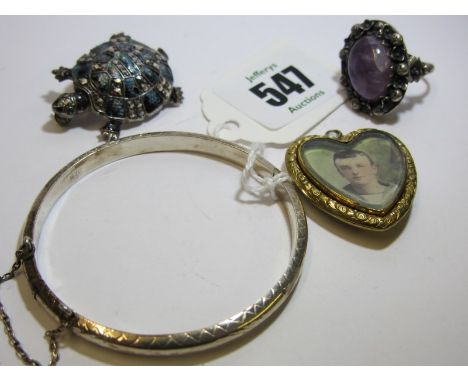 SILVER JEWELLERY, silver ring, silver hinged bangle, tortoise design bar brooch and gilt harp shaped portrait pendant