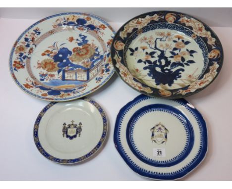 CHINESE ARMORIAL, 2 armorial design dessert plates and 2 large Imari dishes (defects on each item)