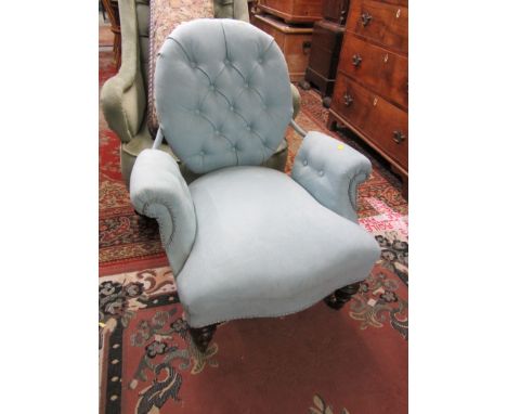 EDWARDIAN NURSING CHAIR, blue button back open arm nursing chair with serpentine fronted seat