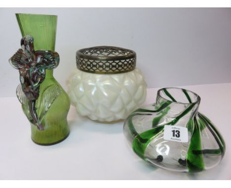 KRELIC GLASS, iridescent green glass vase, pearl lustre glass flower holder and 1 other