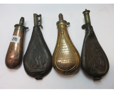 HUNTING FLASKS, embossed copper shot flask, also embossed leather flask and 2 others