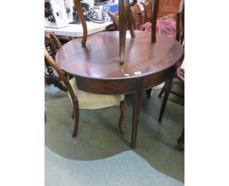 EARLY 19TH CENTURY DEMI-LUNE TEA TABLE, mahogany fold top card table with tapering square section legs