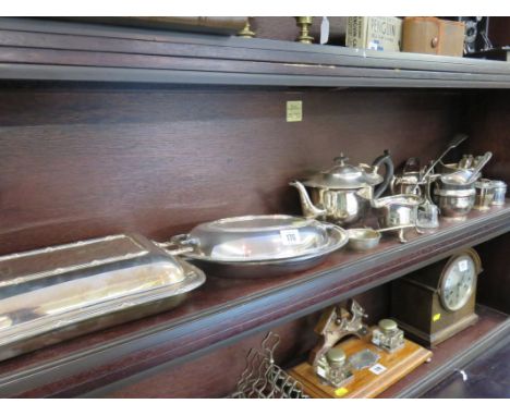 SILVER PLATE, 3 piece swag engraved tea service, 2 plated tureens and shelf of other plated ware 