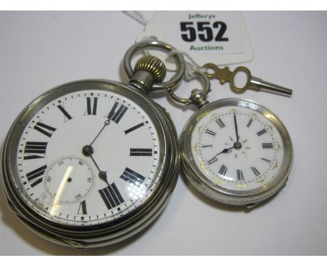 POCKET WATCHES, ladies 800 silver cased foliate engraved pocket watch with enamel dial, also a large plated fob watch, a/f