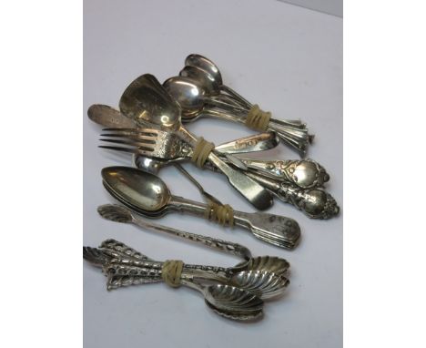 CUTLERY, assortment of shell bowl HM silver spoons, pickle fork and other cutlery, 13.5 ozs