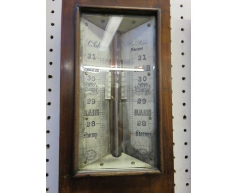 VICTORIAN STICK BAROMETER by L Pedrone of Liverpool in mahogany casing with ornate carved reservoir, 40" high 